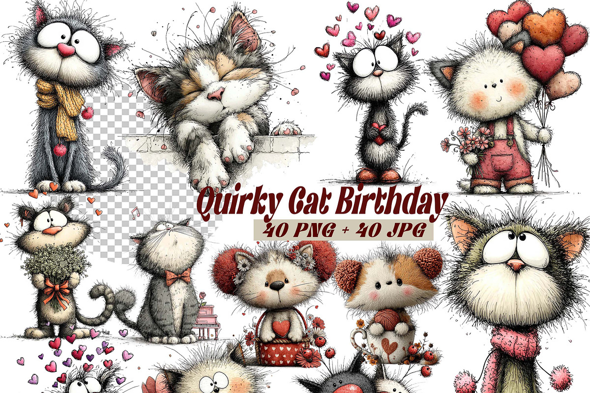 Whimsical Cat Birthday Clipart Set, an Illustration by one-touch (Photo 1 of 16)