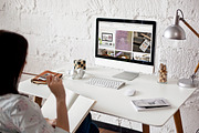 Woman using iMac - 12 photo mockups, a Household Mockup by show it better (Thumbnail 3 of 5)