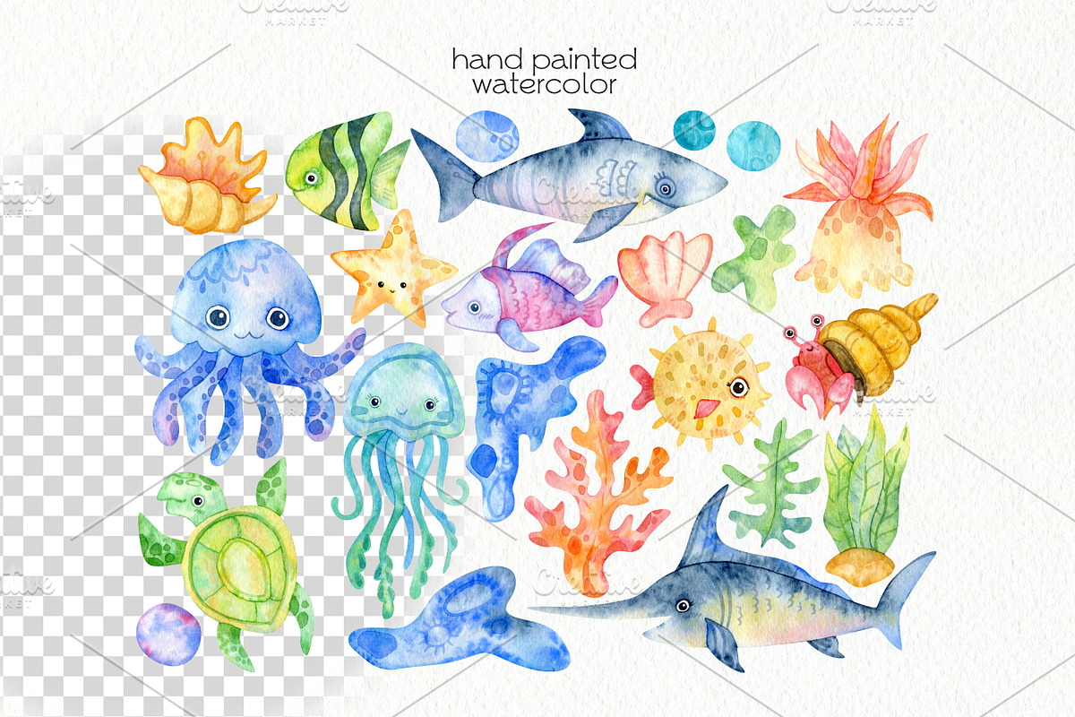 Watercolor Underwater Clipart, an Animal Illustration by OllyKo Art (Photo 3 of 6)