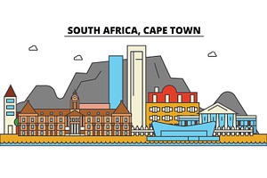 South Africa, Cape Town. City Skyline: Architecture, Buildings, Streets, Silhouette, Landscape, Panorama, Landmarks. Editable Strokes. Flat Design Lin