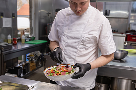 Chef preparing a gourmet salad, a Photo by Grafvision photography