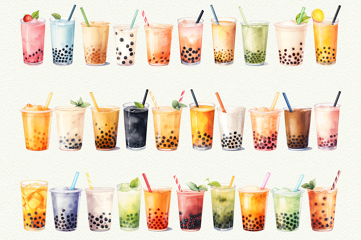 Bubble Tea Watercolor Clipart, a Food Illustration by Anna Design Studio (Photo 5 of 11)