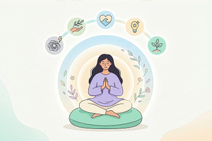 Woman meditating in lotus pose with, a Holiday Photo by Imaginarium