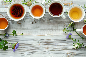 Flat lay of different cups of aromatic tea with copyspace on white wooden table, a Food & Drink Photo by AlyaAnd
