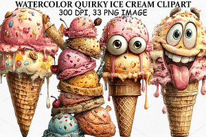 Watercolor Quirky Ice Cream Clipart, a Seasonal Illustration by Canvas Craft