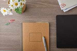 Blank Notebook and Laptop on Wooden Desk, a Business Photo by Davizro's Market