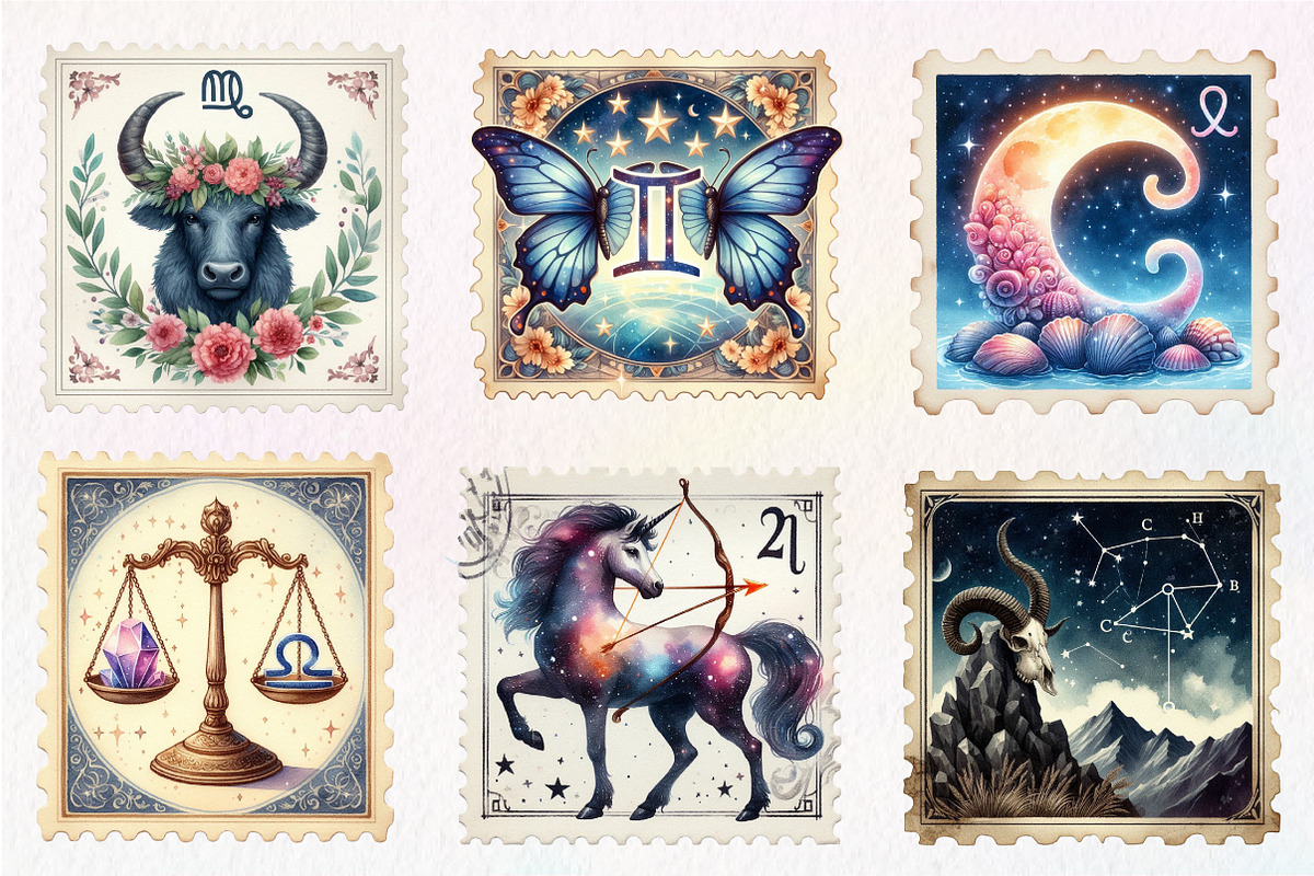 Zodiac Postage Stamps Clipart, an Illustration by CreationArt (Photo 5 of 5)