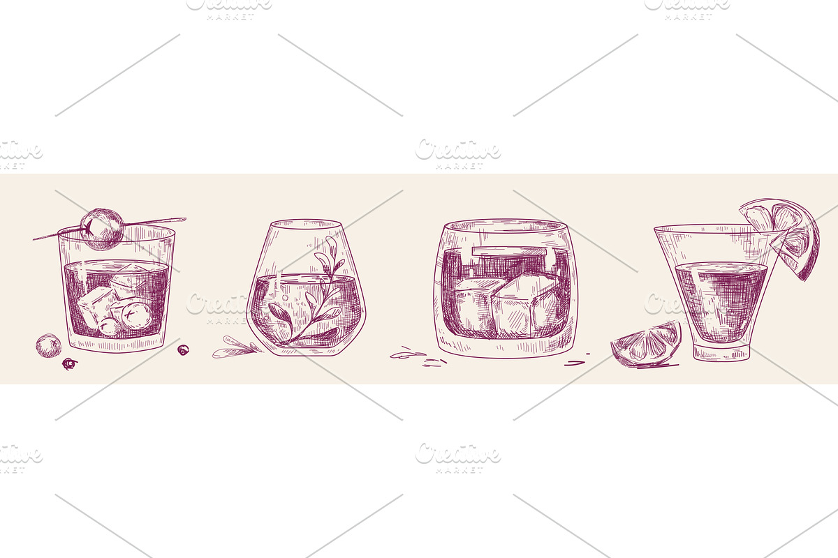 Vintage cocktail glass collection in, a Food Illustration by art PVP - market
