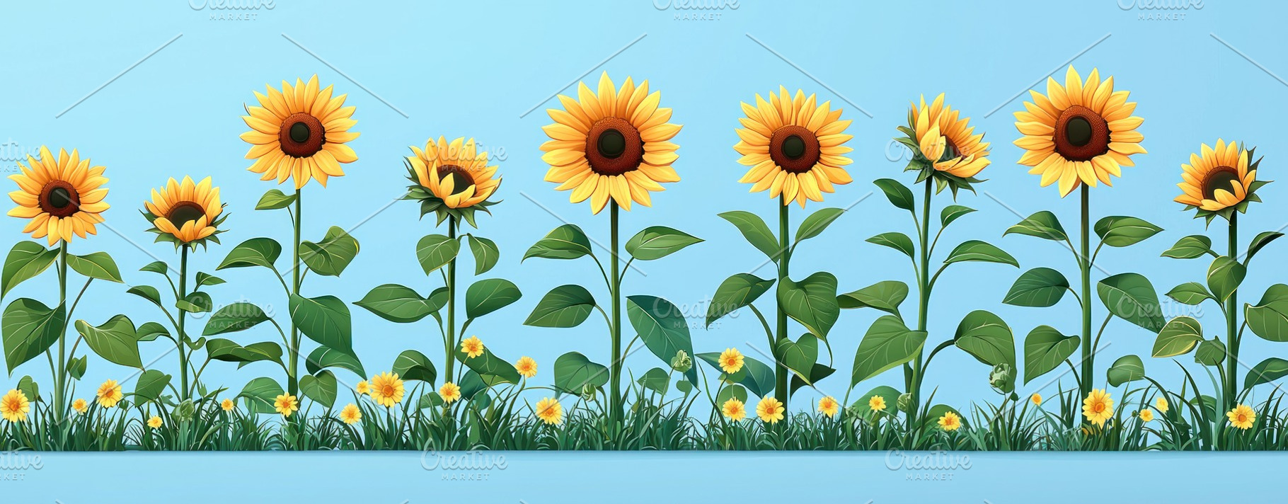 Bright sunflowers blooming in green grass against a clear blue b, a Nature Photo by José Manuel Gelpi