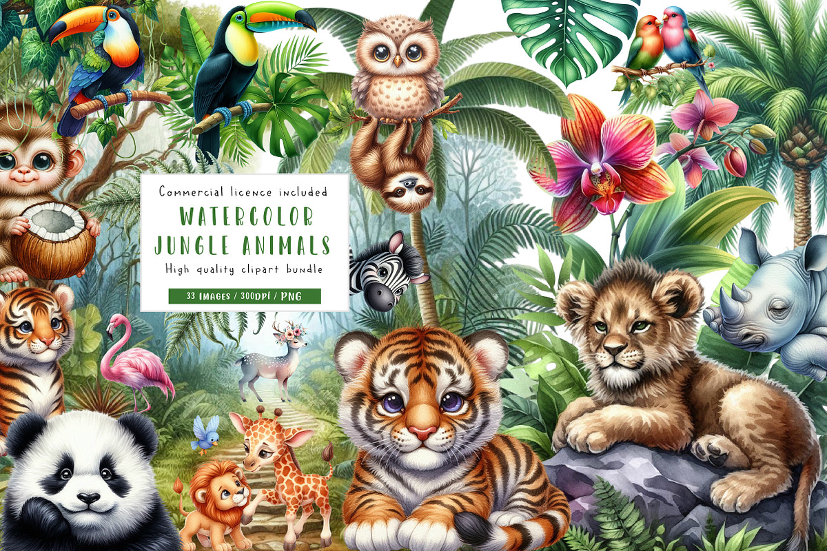 Cute Jungle Animals Clipart, an Illustration by CreationArt (Photo 1 of 5)