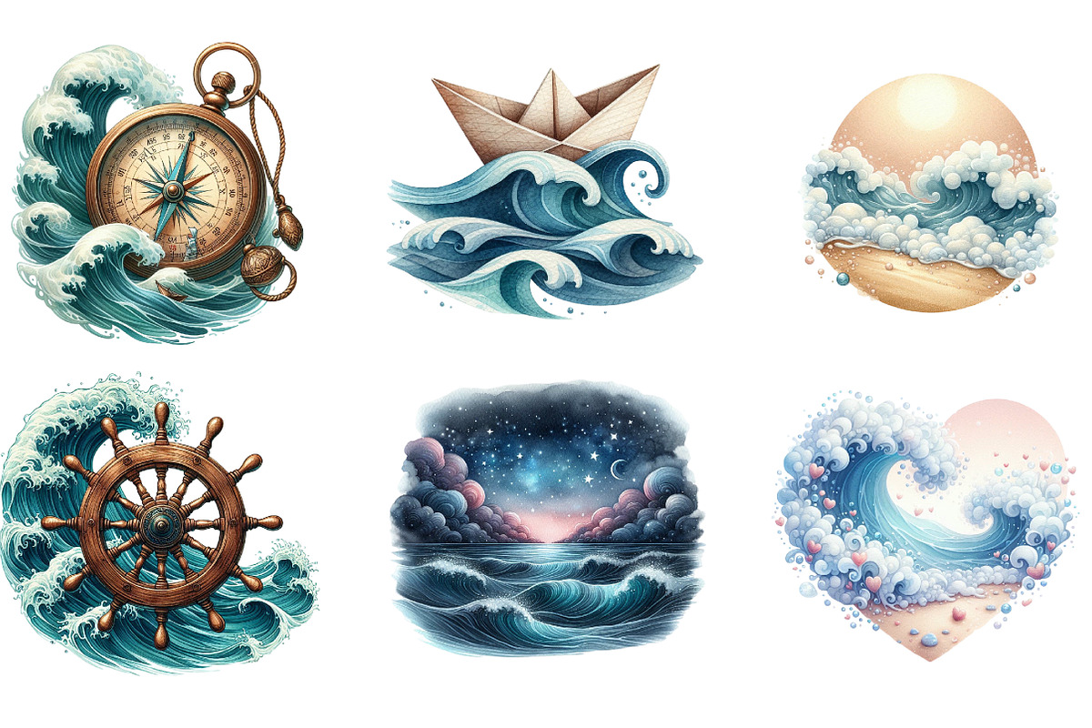 Vintage Ocean Waves Watercolor, a Seasonal Illustration by DreamArtGraphic (Photo 4 of 4)