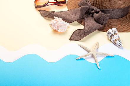 Hat, sunglasses and seashells on waves made from paper, summer holidays backgro, a Holiday Photo by iuliia_n