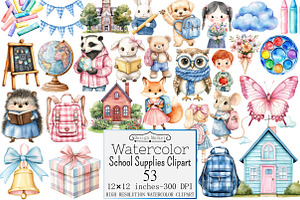Watercolor School Supplies Clipart, a Seasonal Illustration by Design Market