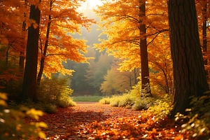Colorful Autumn Forest With Sunlight, a Photo by LOGOCREATIVE