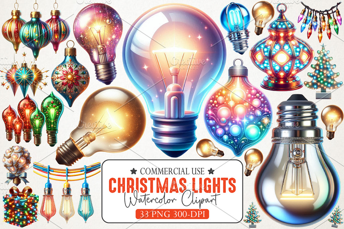 Retro Christmas Lights Watercolor, an Illustration by RobertsArt (Photo 1 of 7)