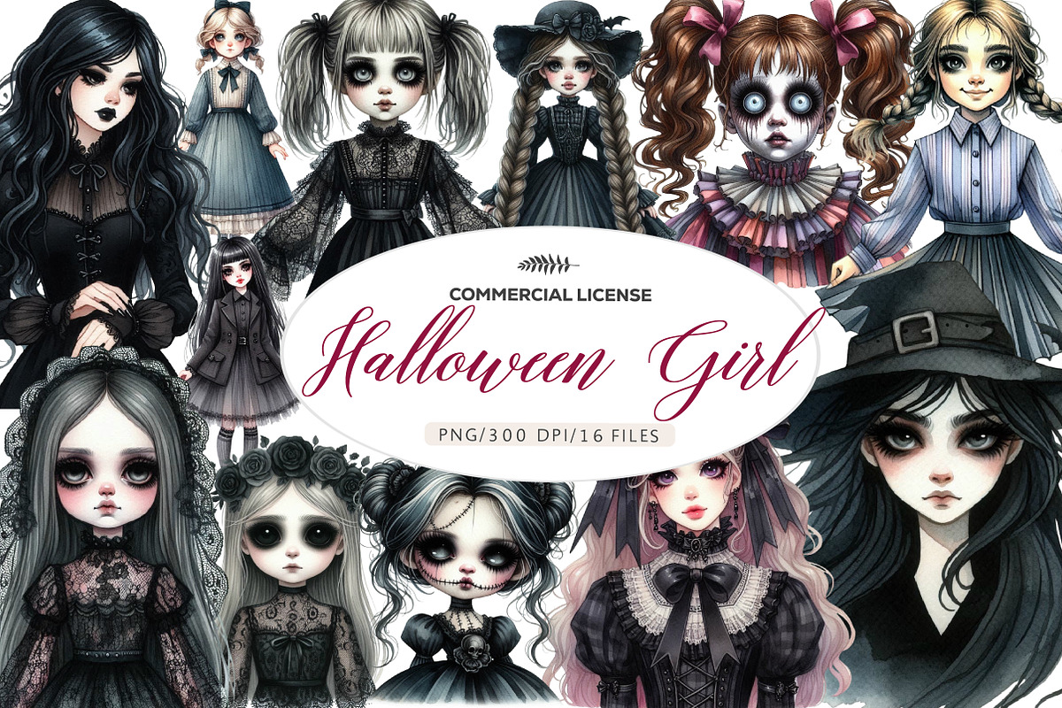 Halloween Girl Watercolor Clipart, an Illustration by CreationArt (Photo 1 of 4)