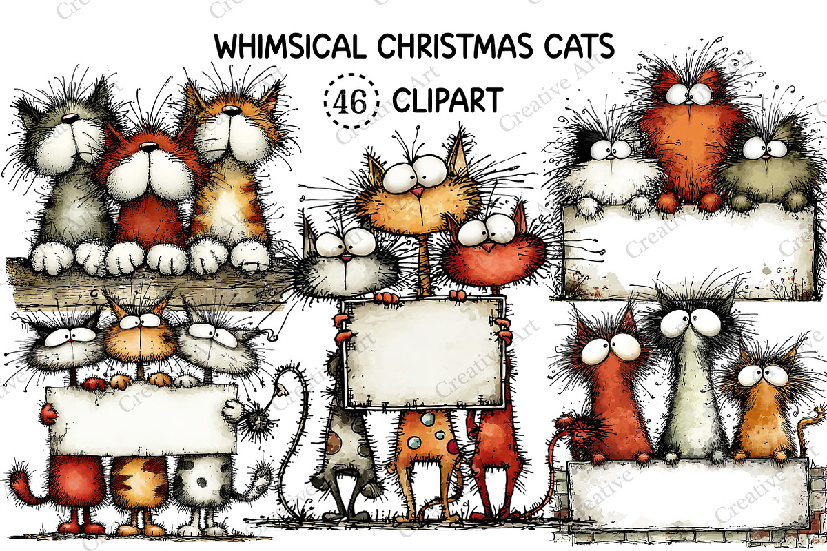 Whimsical Christmas Cats Clipart, an Illustration by Creative Art (Photo 1 of 11)