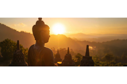 Buddha statue at sunrise over