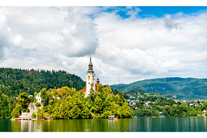 Church of the assumption of mary on containing slovenia, island, and bled, an Architecture Photo by Leonid Andronov