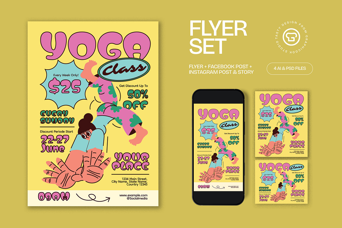 Yellow Quirky Yoga Class Flyer Set, a Flyer Template by graphicook (Photo 1 of 3)