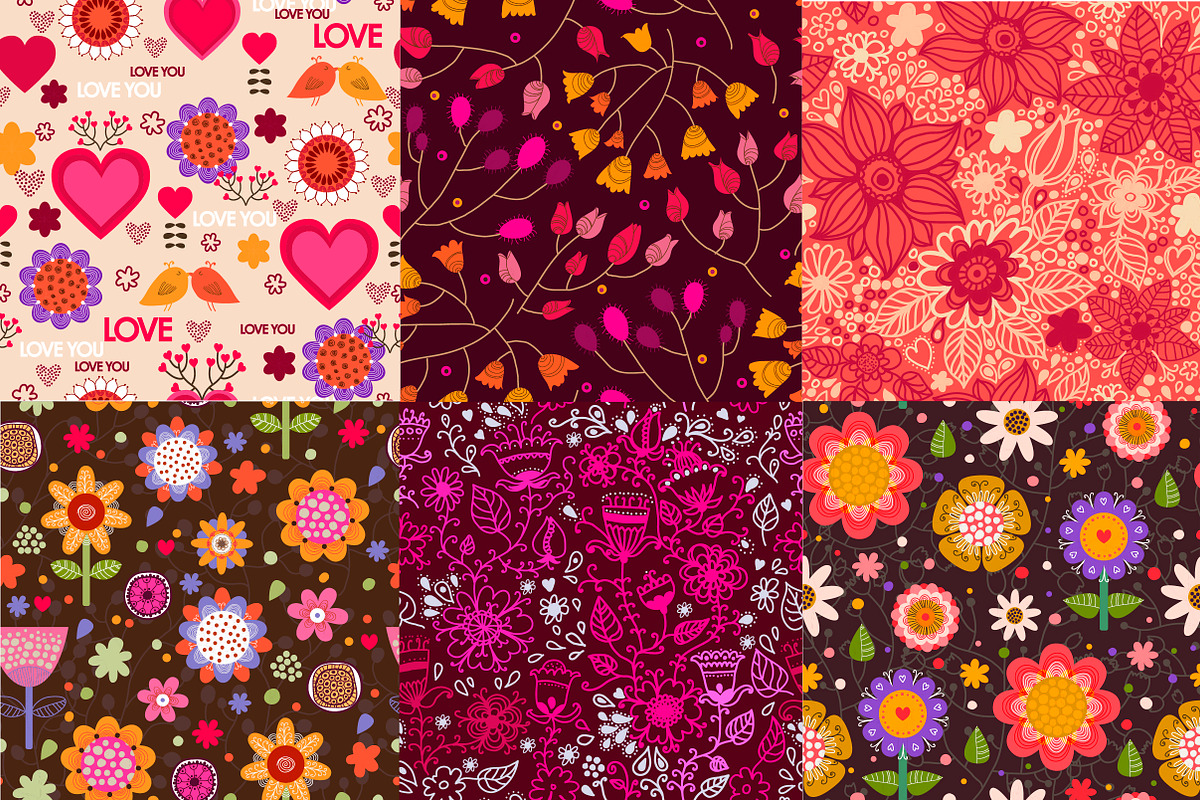Set of six floral seamless patterns. preview 2
