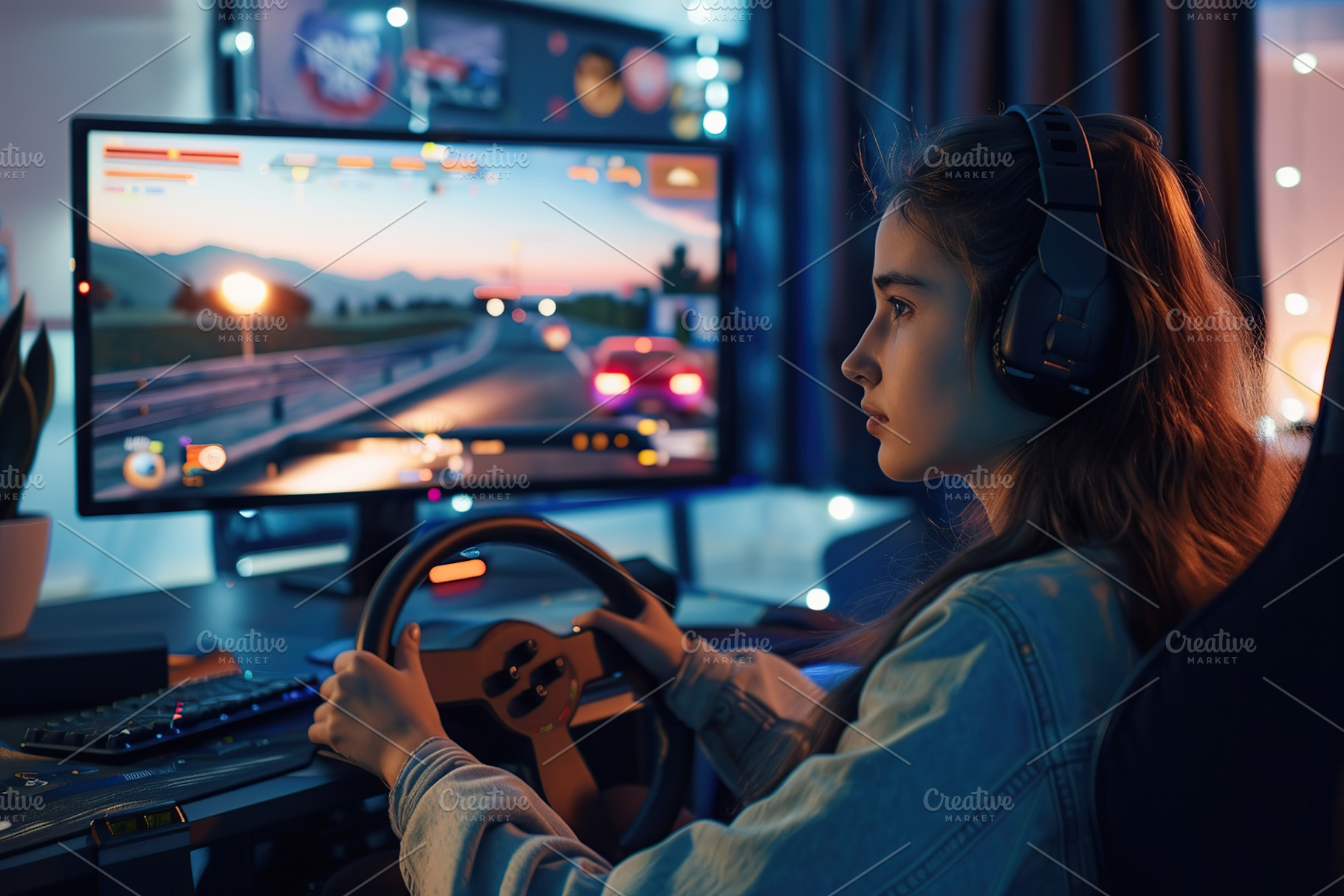 Young woman in headphones with steering wheel playing car racing game at home, a Sports & Recreation Photo by AlyaAnd