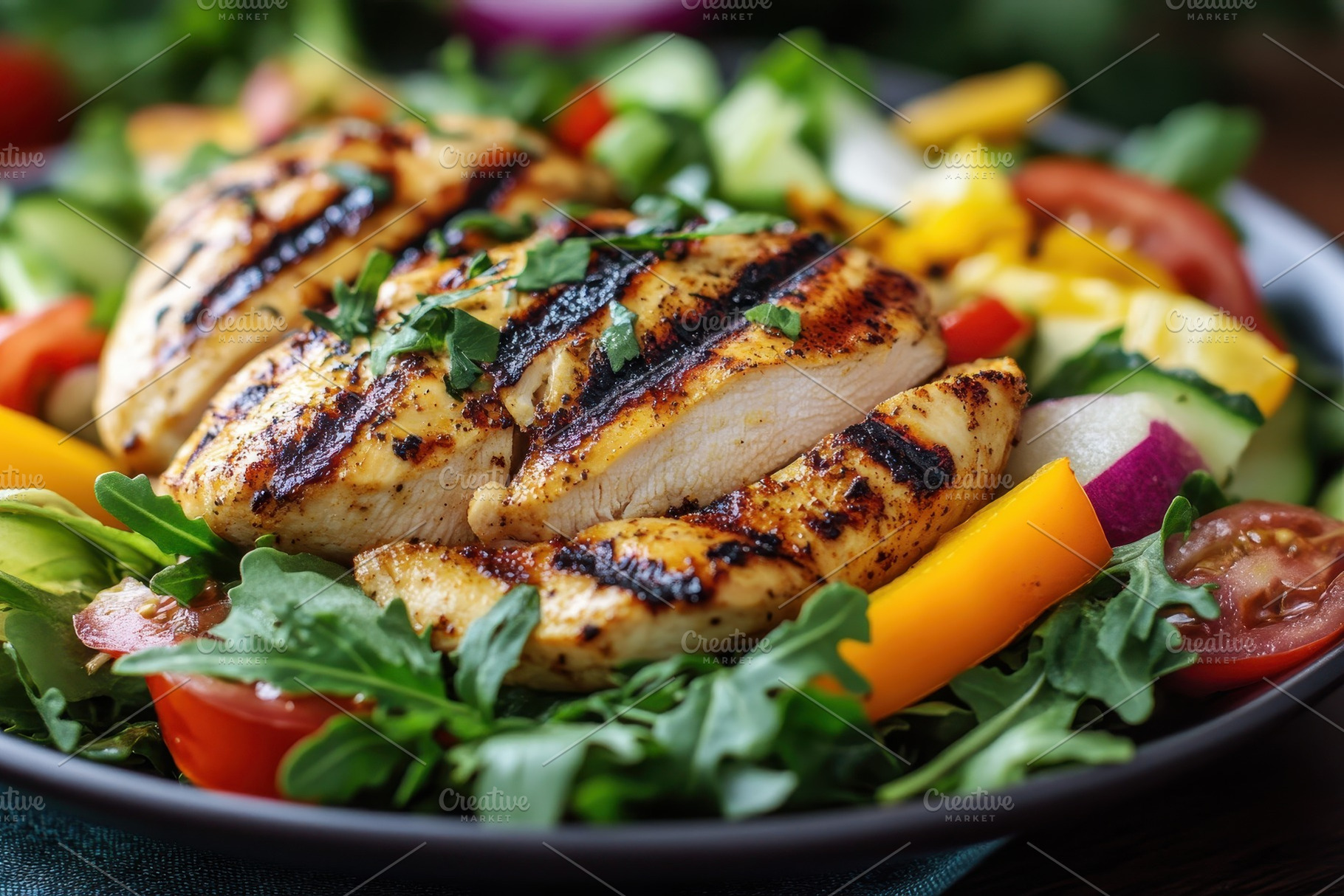 Delicious grilled chicken served, a Photo by Pavel_design