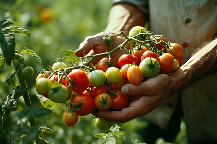 Fresh organic tomato and tomatoes cherry in farmers hands, a Food & Drink Photo by Natalia Klenova's Shop