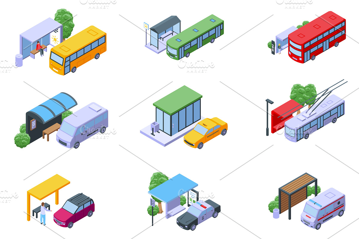 Isometric public transport stations, a Transportation Illustration by Valerie Bodnar