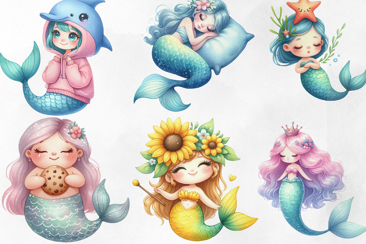 Kawaii Mermaid Clipart Bundle, an Illustration by Designking (Photo 3 of 4)