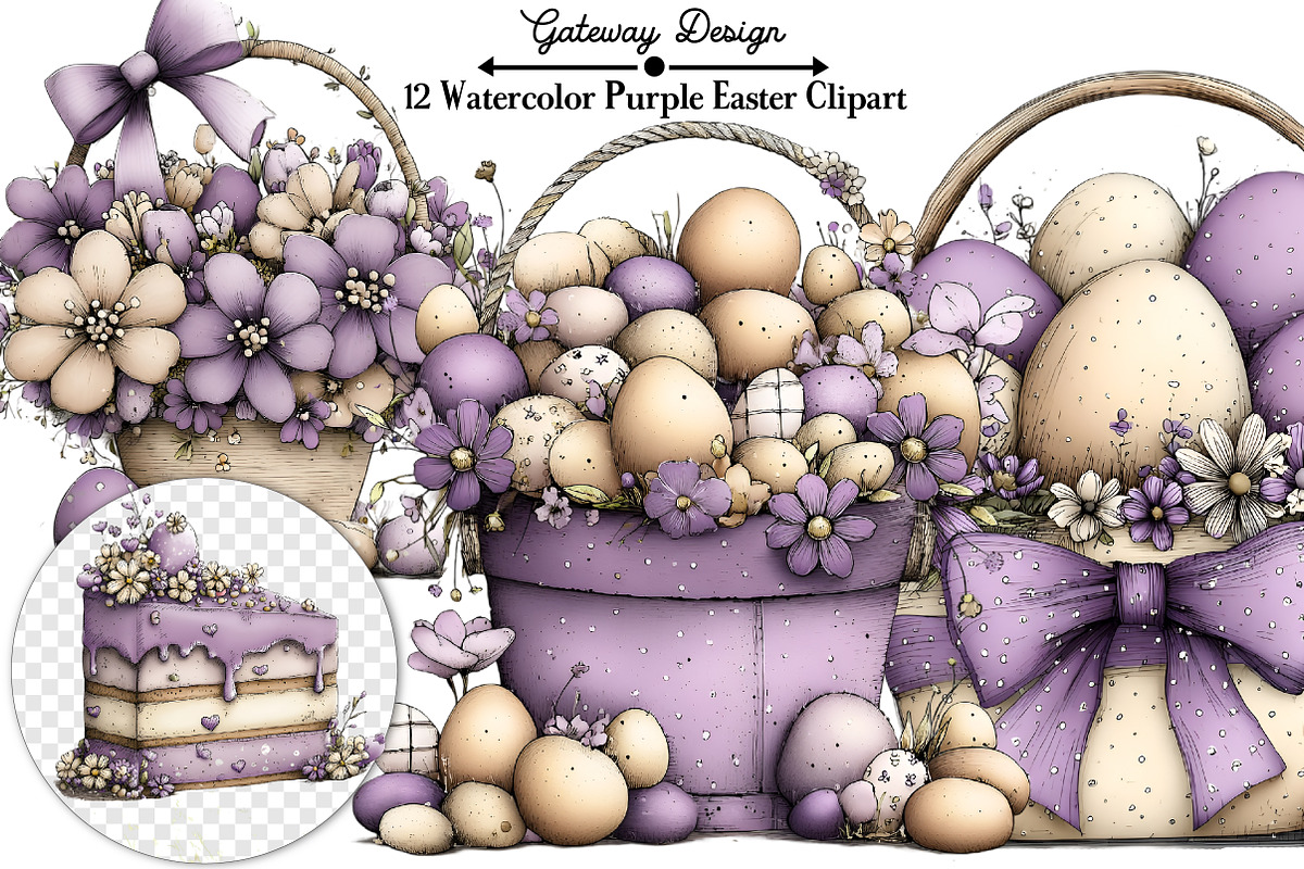 Watercolor Purple Easter Clipart Bun, an Illustration by GatewayDesign (Photo 1 of 5)