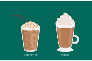 Mocha And Iced Coffee Drinks Cartoon Illustration