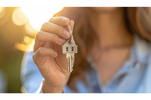 A woman holding a house-shaped key, a Business Photo by Igor Tichonow