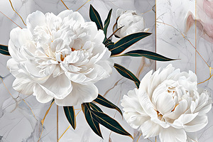 White Peonies Art On Marble Texture