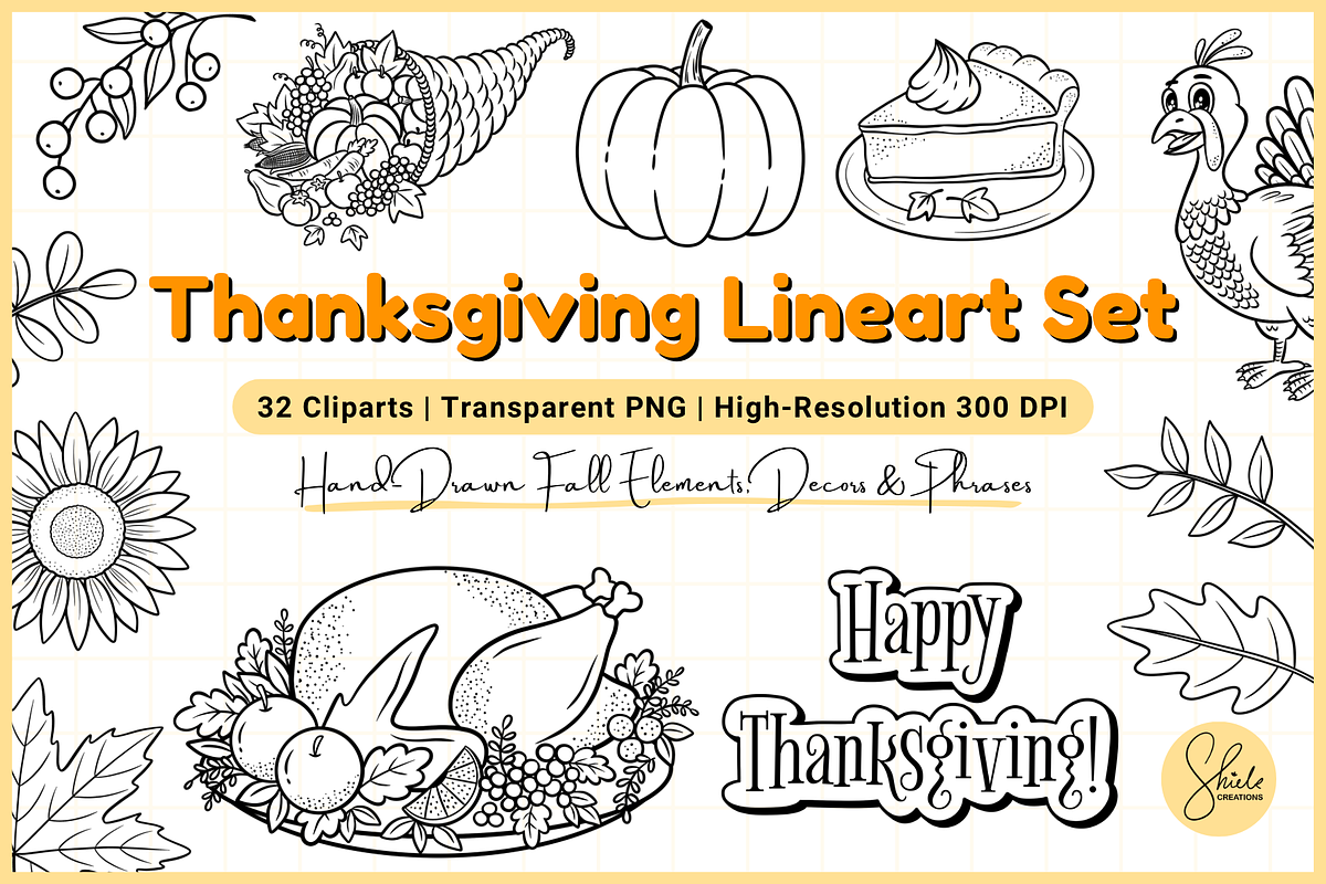 Thanksgiving Line Art Clipart Set, a Seasonal Illustration by shielscreations (Photo 1 of 4)