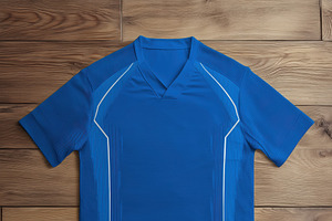 A blue sports uniform sports suit mockup laid flat on a wooden floor, featuring, a Shirt Mockup by Textures & Backgrounds