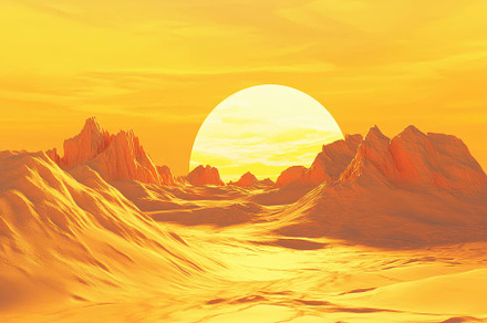 Vibrant sunset over surreal mountain, a Photo by Tanuart