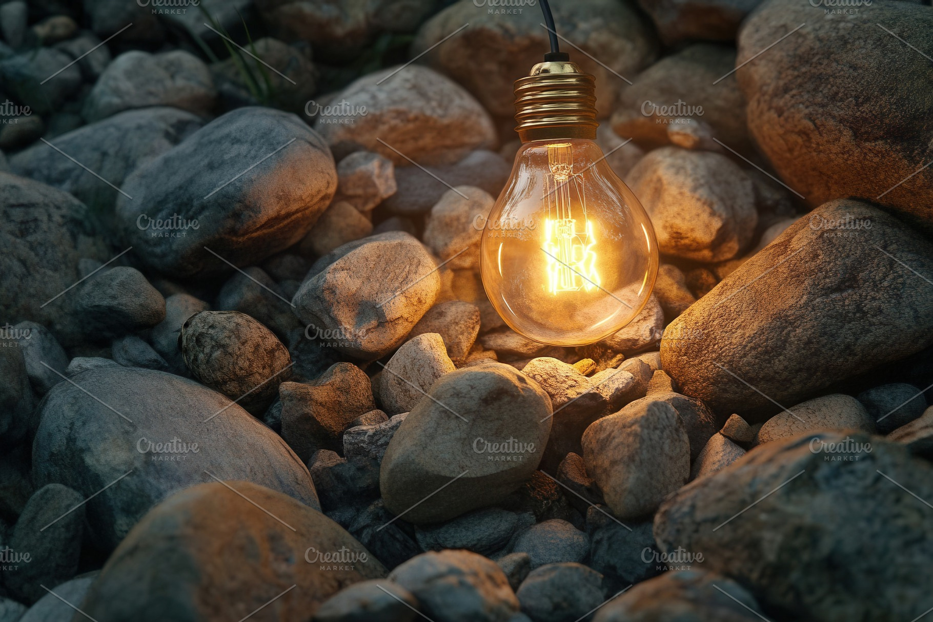 A soft glowing light bulb with rocks, a Photo by Pavel_design