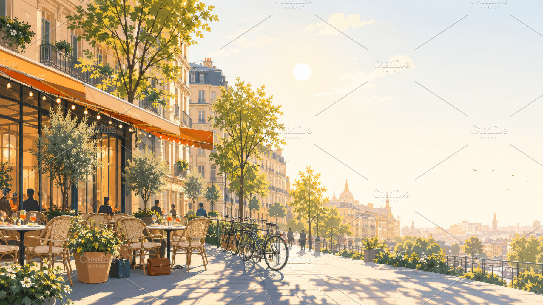 Sunny afternoon street with outdoor, a Photo by Dvoevnore photos