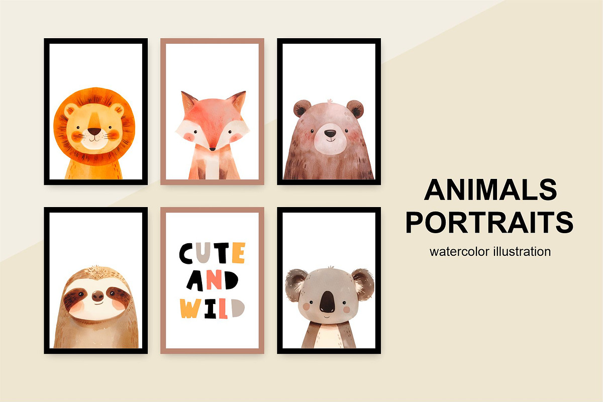 Cute Animals Portraits, a Decorative Illustration by MilaCreator (Photo 1 of 7)