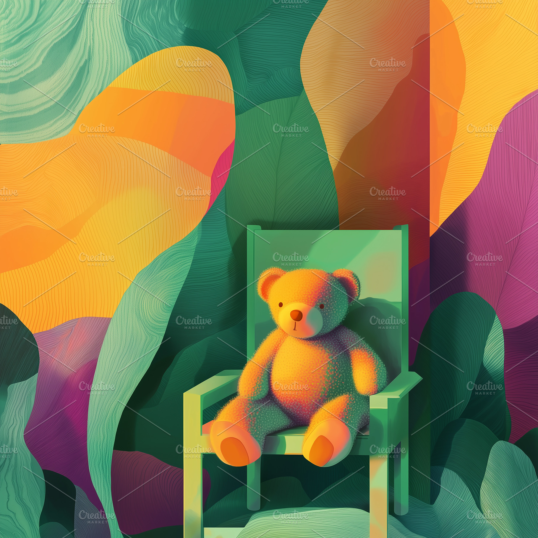 A plush yellow bear sits in a green, an Abstract Photo by Imaginarium