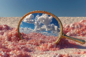Elegant golden hand mirror reflecting a vivid blue sky with fluf, a Decorative Illustration by José Manuel Gelpi