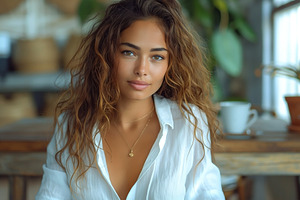 Young adult female with wavy hair sitting at a wooden table, exuding confidence, a Person Photo by ImageMir
