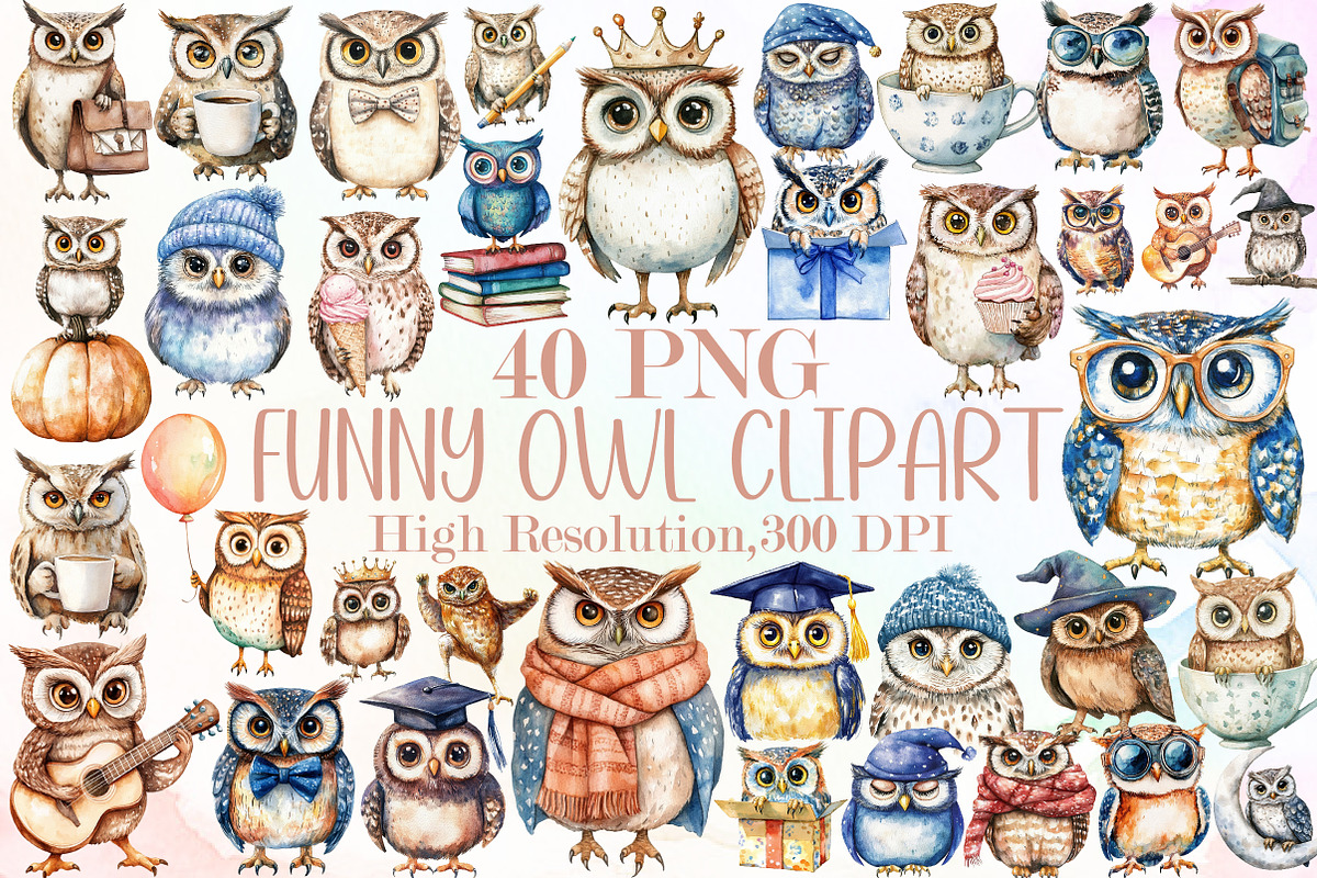 Watercolor Funny Owl Clipart Bundle, an Illustration by Sublimation Artist (Photo 1 of 6)