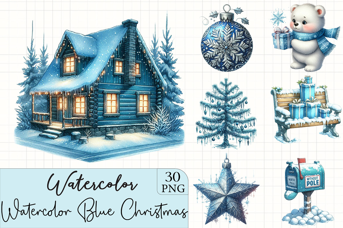 Watercolor Blue Christmas Clipart, an Illustration by CrexoraLab (Photo 1 of 5)