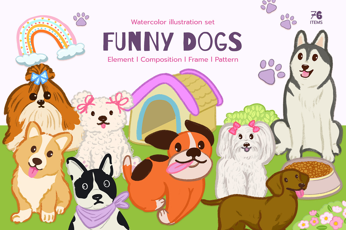 Funny Dogs – Watercolor Illustration, an Animal Illustration by CreativeValuation (Photo 1 of 12)