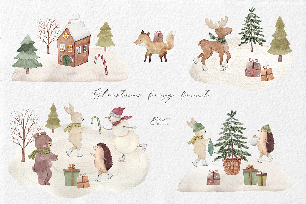 Christmas fairy forest watercolor, an Animal Illustration by BrushArtDesigns (Photo 3 of 11)