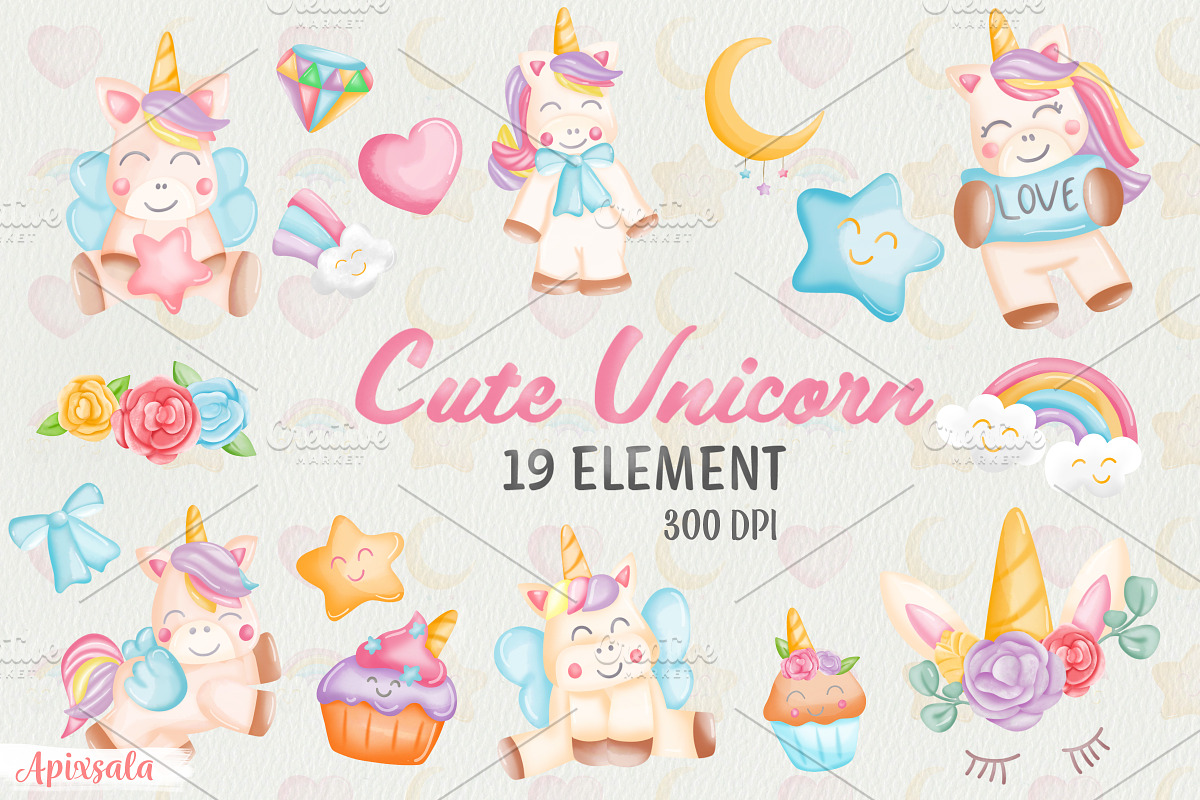 Cute Unicorn Watercolor Bundle, a Person Illustration by Apixsala (Photo 1 of 5)