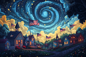 Starry Patriotic Village Print, an Illustration by Art Paradise Studios