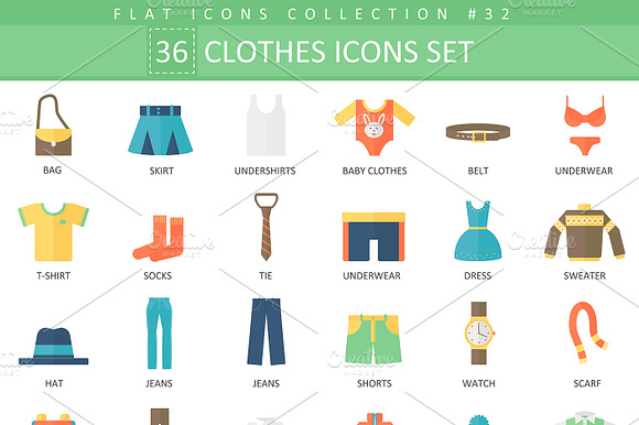 36 Clothes Flat Icons Set.